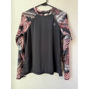 Hurley Womens Rash Guard Long Sleeve Black Pink Tropical Palm UPF 50+ Large